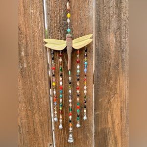Dragonfly Beaded Multicolored Wind Chime Sun Catcher With Bell Handmade Recycled